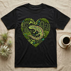 Black t-shirt featuring a green salamander within a heart-shaped forest design.