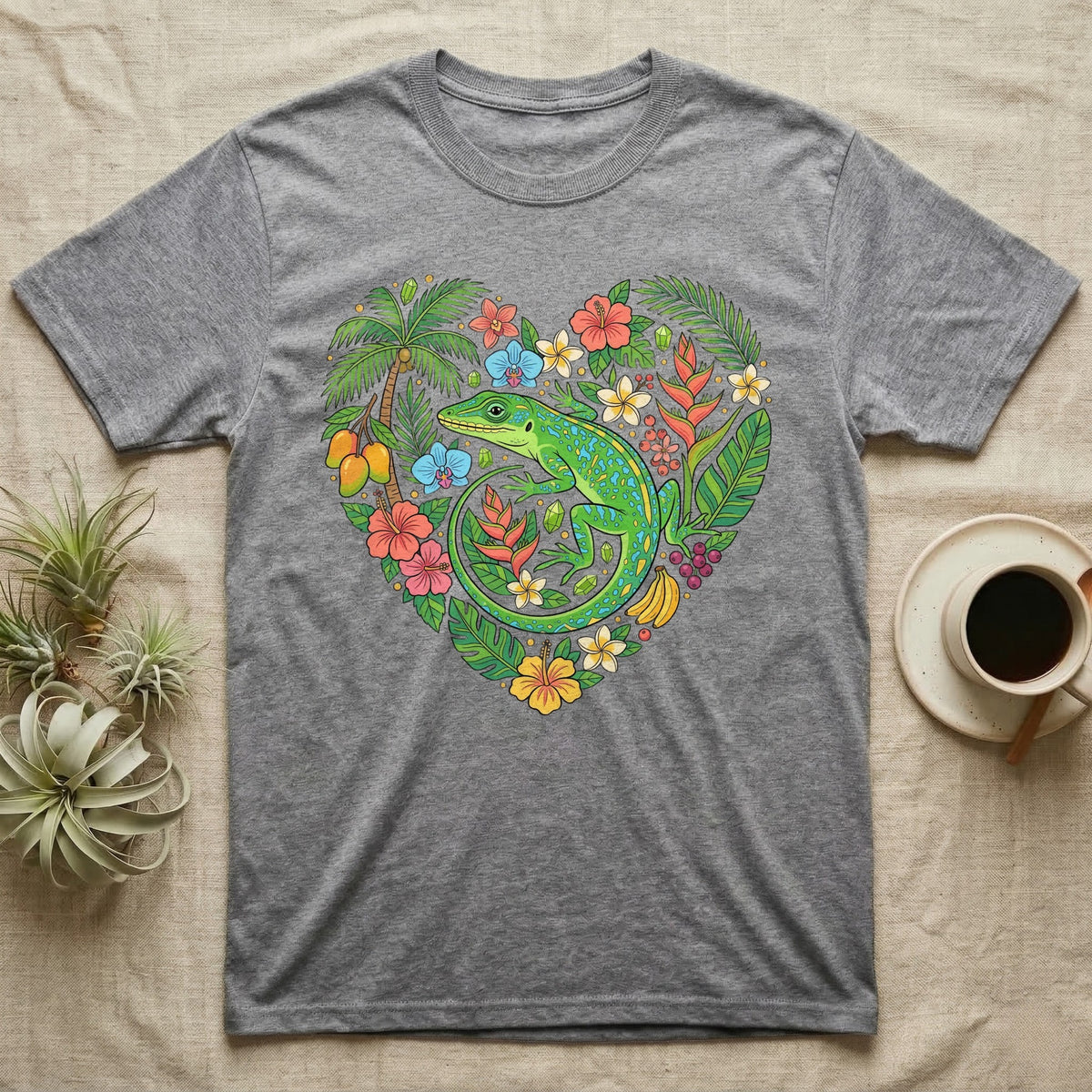 Gray t-shirt with a heart-shaped tropical design featuring a green lizard.