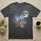 Blue-Tongued Skink Moon Howl T-Shirt in Dark Heather — Three Blue-Tongued Skink colour morphs howling at a full moon over a nebula on a dark grey t-shirt.