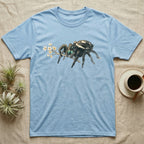Jumping Spider Blossom T-Shirt in Light Blue — Watercolor illustration of a black regal jumping spider with iridescent eyes holding a tiny wildflower sprig, on a dark grey t-shirt.