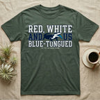 Blue-Tongued Skink 1776 T-Shirt in Military Green — Navy and white blue-tongued skink with tongue out between collegiate text reading Red, White and US Blue-Tongued.
