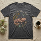 Axolotl Save Weird Fish T-Shirt in Dark Heather — Botanical axolotl with teal gill plumes inside a water-plant wreath; script type "Save the Weird Fish" arched above.