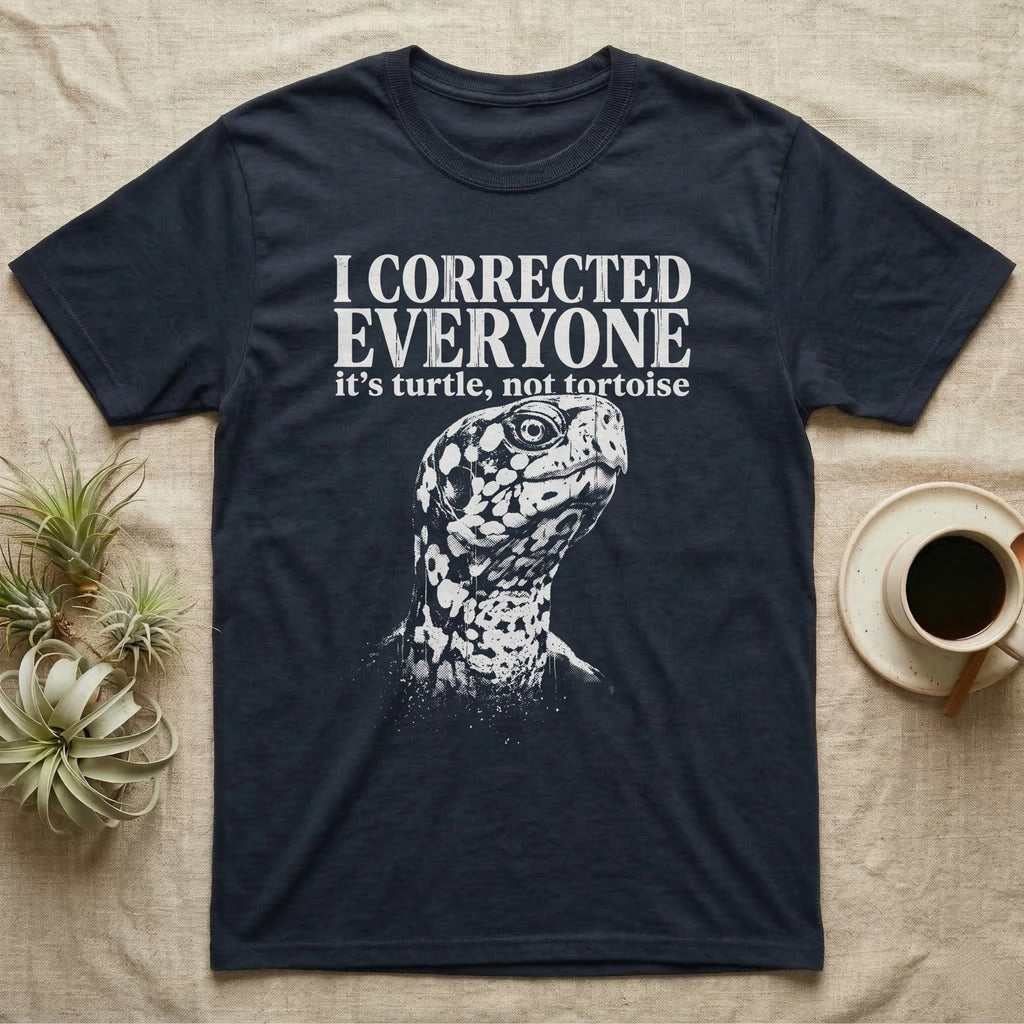 Box Turtle I Was Marinating T-Shirt in Navy — One-ink white eastern box turtle portrait on black, blotched head and neck, under the words I WAS MARINATING and it's called a soak.