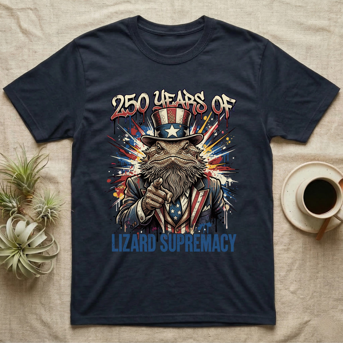 Bearded Dragon Uncle Sam T-Shirt in Navy — Splatter-art bearded dragon as Uncle Sam pointing forward under text 250 Years of Lizard Supremacy.