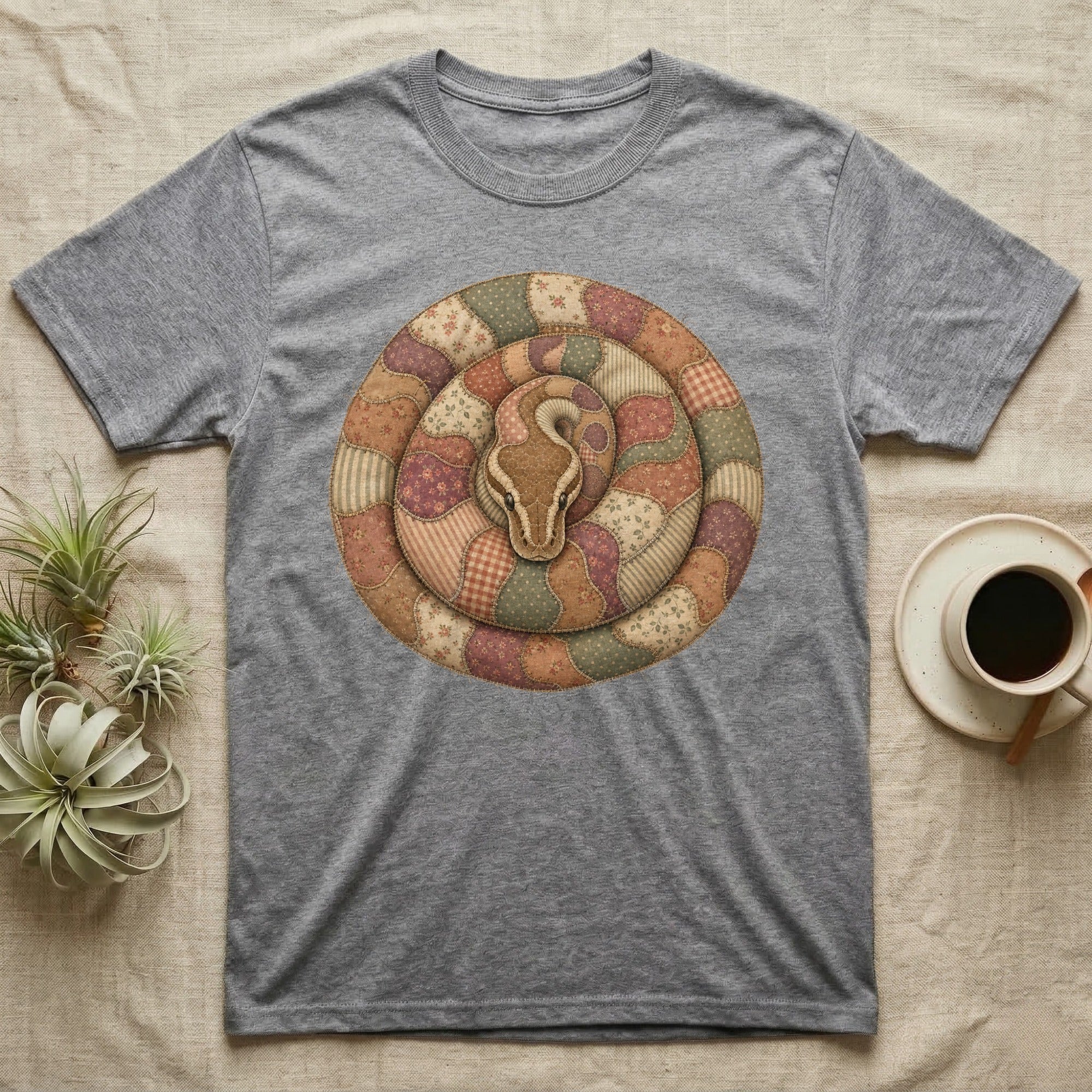 Grey t-shirt with a coiled snake design made of patchwork fabric.
