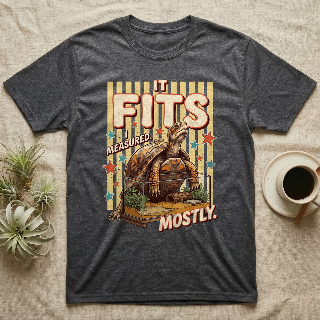 Box Turtle Enclosure Upgrade T-Shirt in Dark Heather — Engraved box turtle sitting beside a huge planted glass terrarium under fat IT FITS club lettering.
