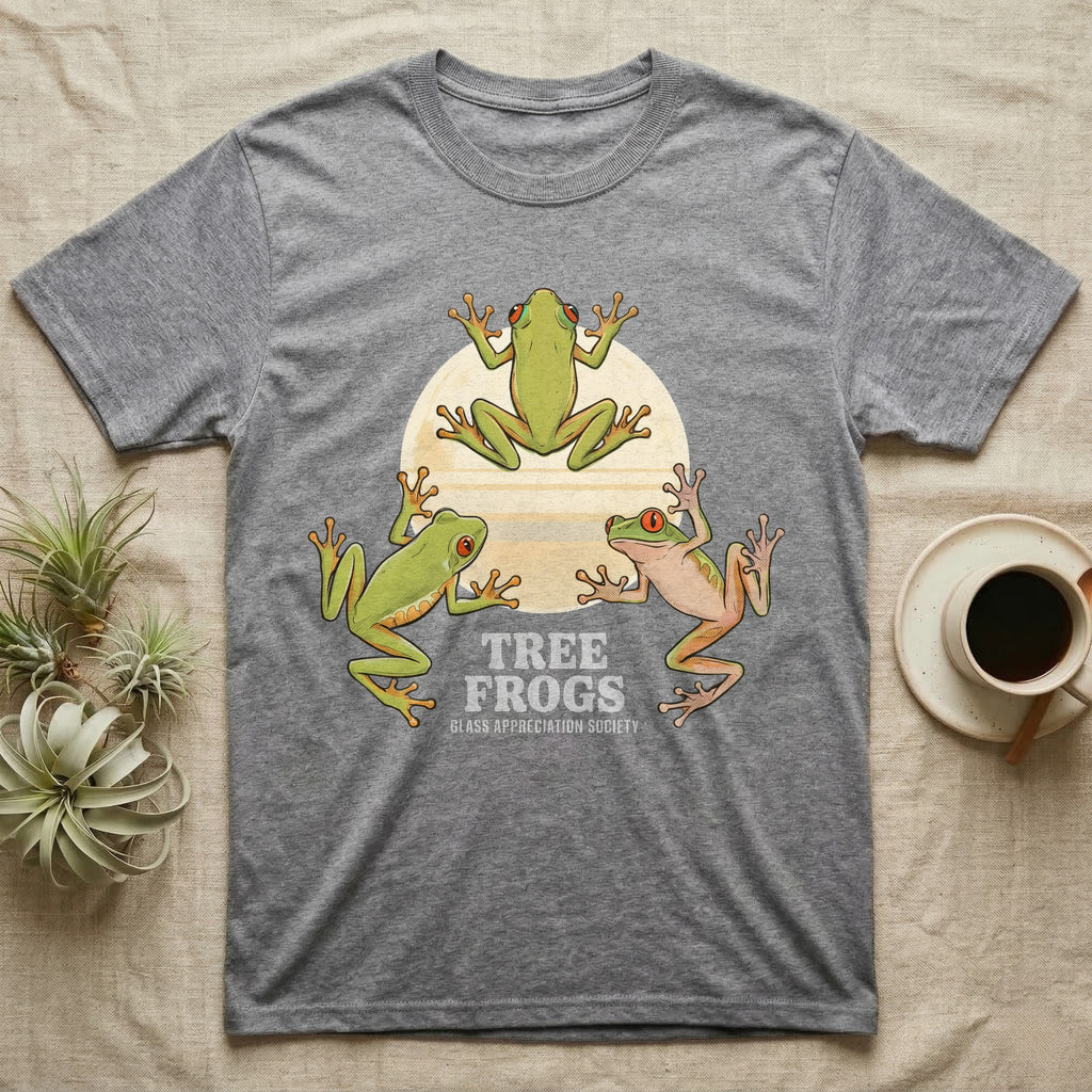 Three Tree Frog Moon T-Shirt in Sport Grey — Retro-illustration of three tree frogs in splayed glass-cling poses around a stratified halftone full moon.