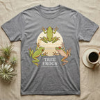 Three Tree Frog Moon T-Shirt in Sport Grey — Retro-illustration of three tree frogs in splayed glass-cling poses around a stratified halftone full moon.
