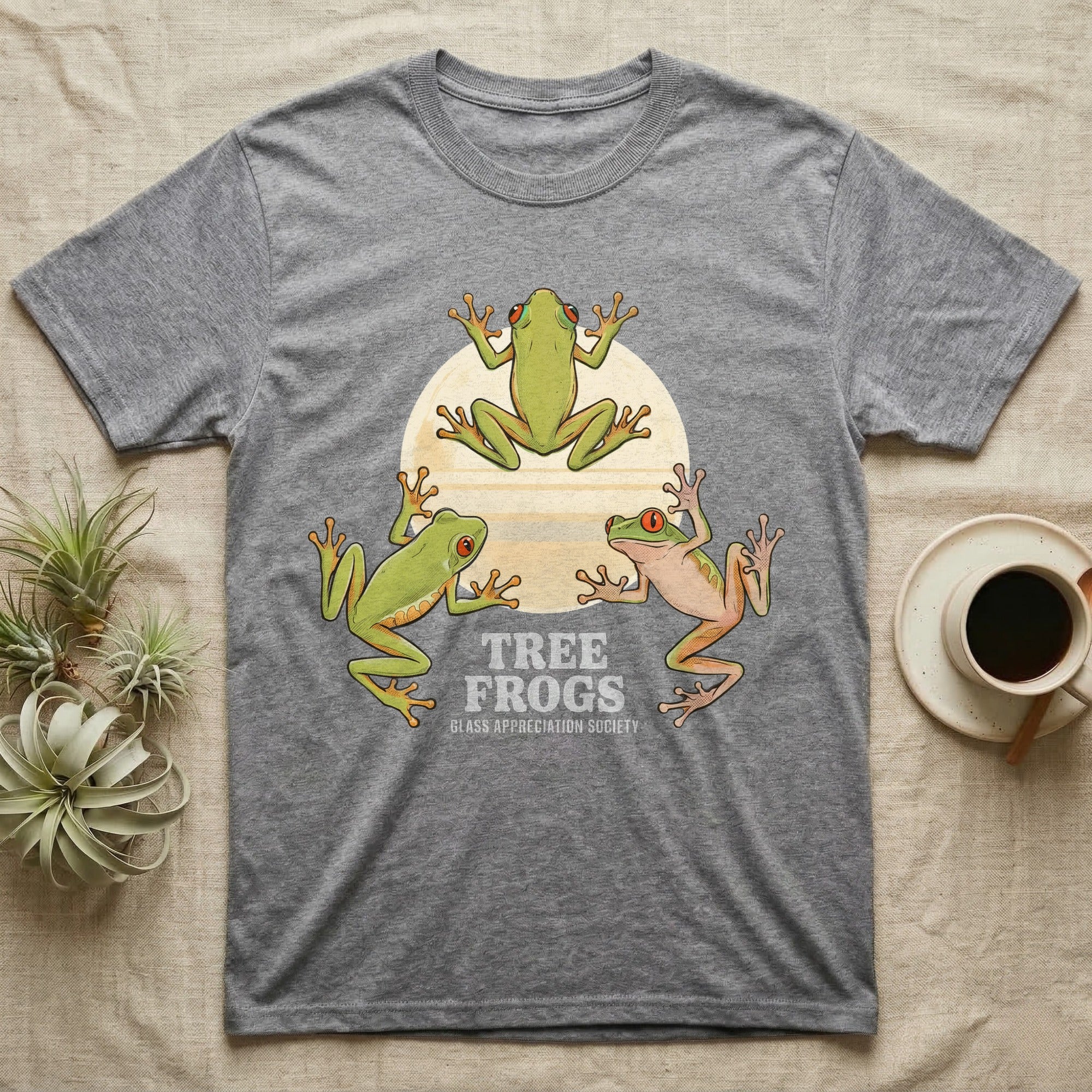 Three Tree Frog Moon T-Shirt in Sport Grey — Retro-illustration of three tree frogs in splayed glass-cling poses around a stratified halftone full moon.