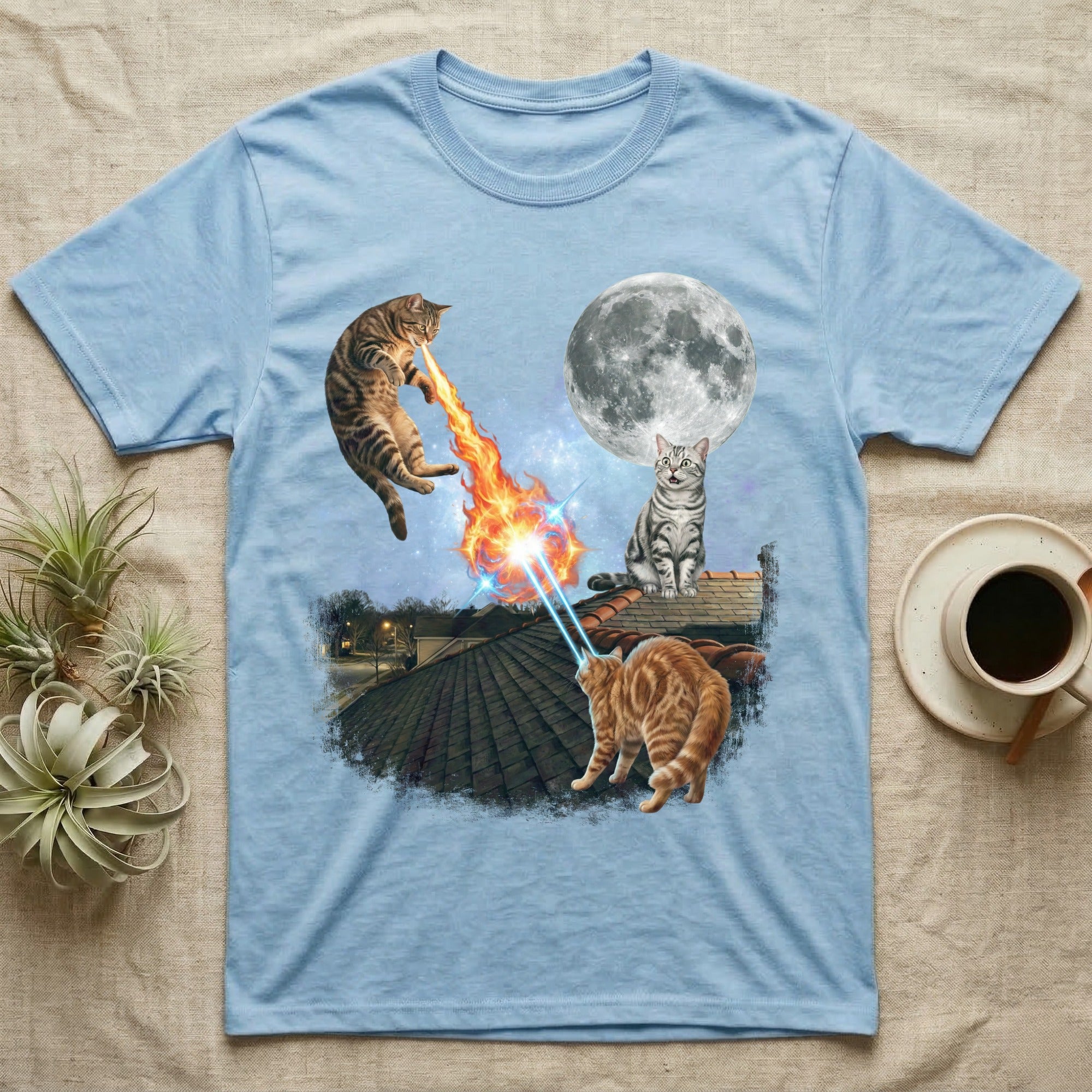 Two cats on a roof with laser beams, one breathing fire, under a full moon.