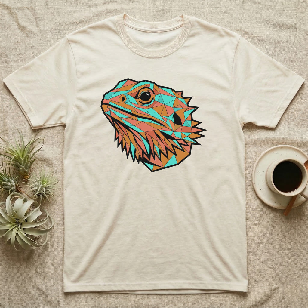 Bearded dragon geometric head graphic on a cream t-shirt.