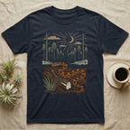 Corn Snake Home Range T-Shirt in Navy — Woodcut-style illustration of a corn snake winding across pine straw beside a split log with pine trees behind, no on-shirt text.