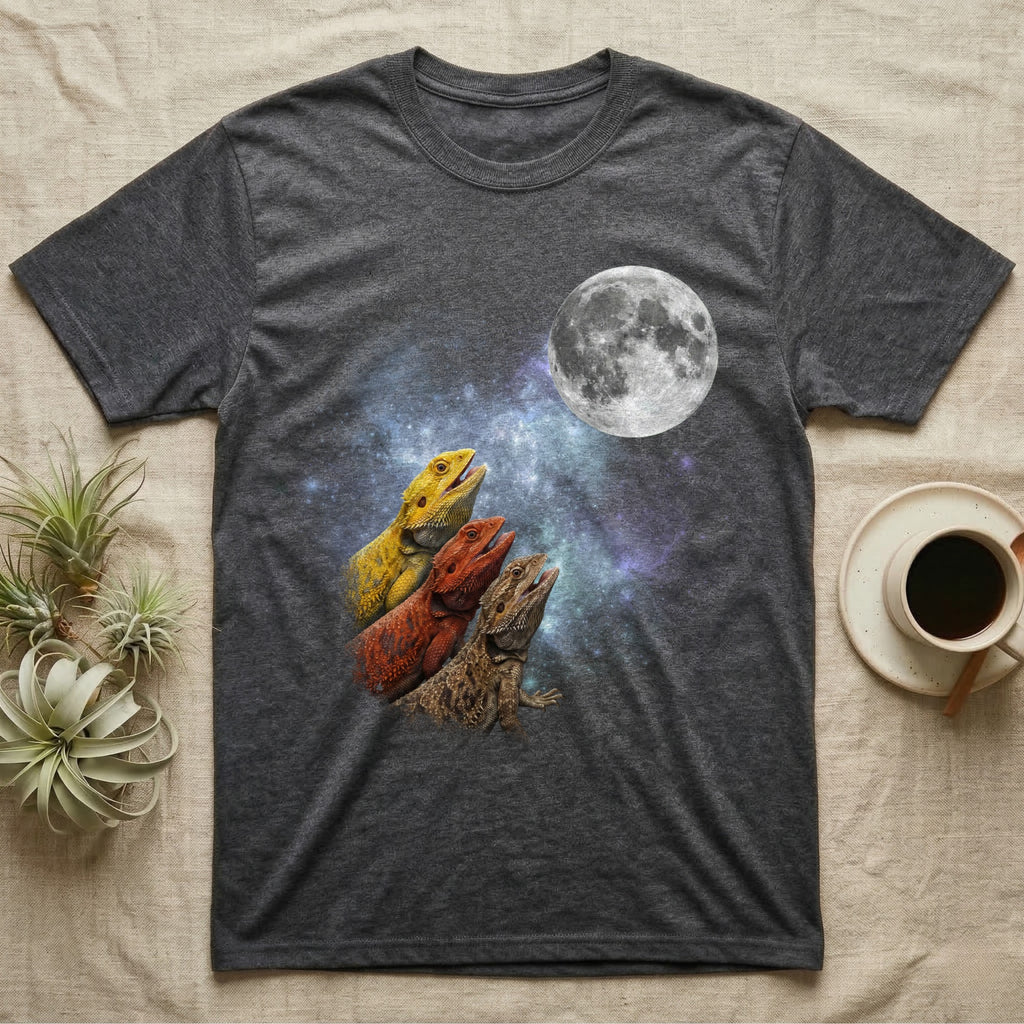 Bearded Dragon Moon Howl T-Shirt in Dark Heather — Three Bearded Dragon colour morphs howling at a full moon over a nebula on a dark grey t-shirt.