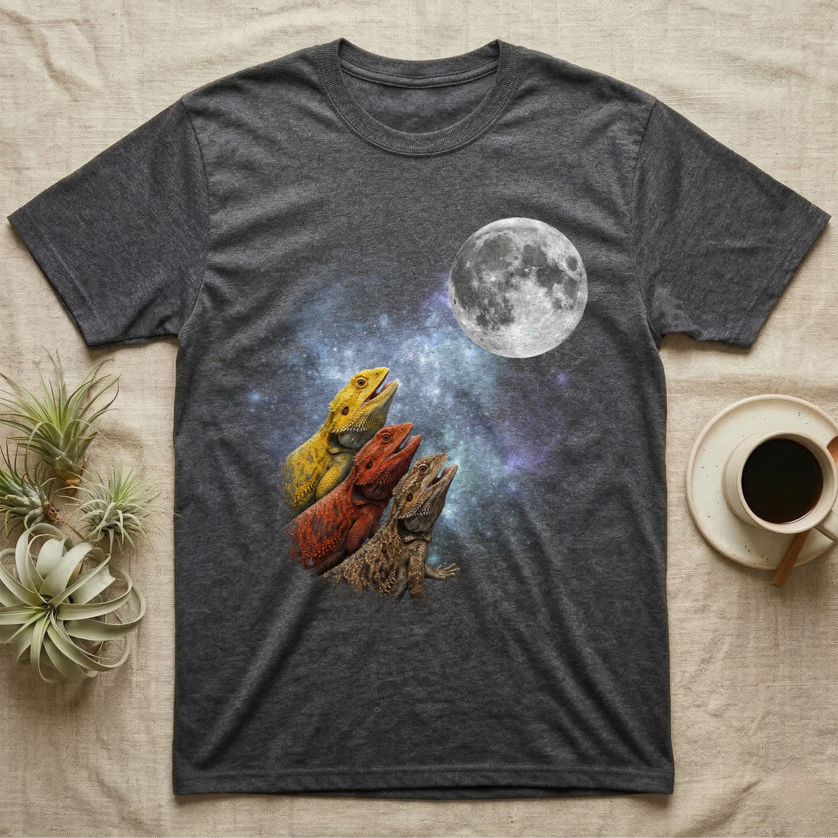 Bearded Dragon Moon Howl T-Shirt in Dark Heather — Three Bearded Dragon colour morphs howling at a full moon over a nebula on a dark grey t-shirt.