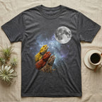 Bearded Dragon Moon Howl T-Shirt in Dark Heather — Three Bearded Dragon colour morphs howling at a full moon over a nebula on a dark grey t-shirt.