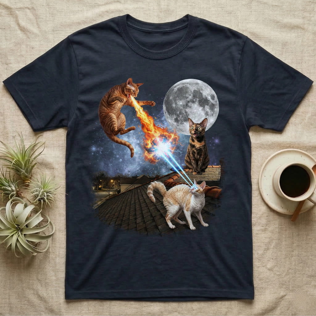 Cats with laser eyes fighting on a rooftop under a full moon.