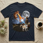 Cats with laser eyes fighting on a rooftop under a full moon.