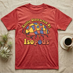 Dairy Cow Isopod Patchwork T-Shirt in Heather Red — Quilt-patchwork dairy cow isopod in mustard and denim under retro "Easily Distracted By Isopods" text.
