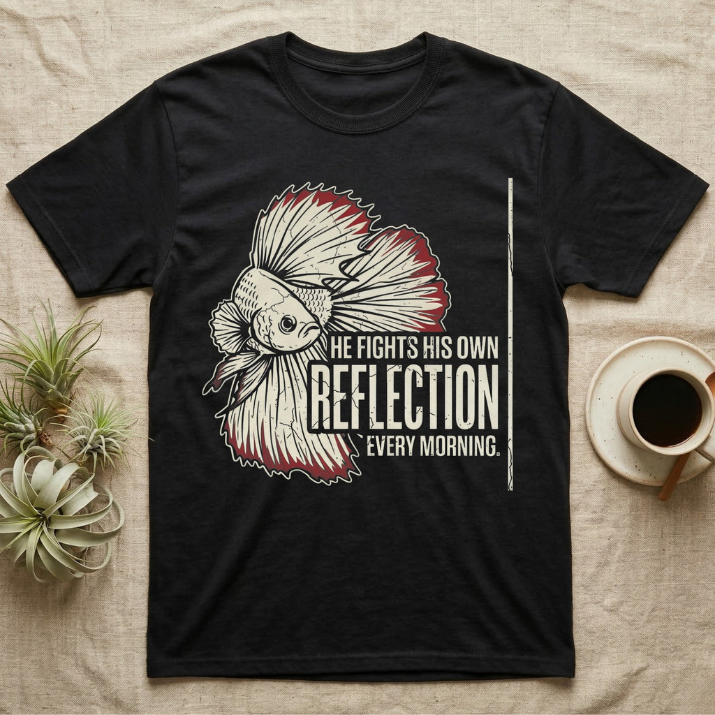 Betta Fights His Reflection T-Shirt in Black — Grunge-distressed betta in full flare display with red fin accents and type "He Fights His Own Reflection Every Morning."