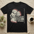 Betta Fights His Reflection T-Shirt in Black — Grunge-distressed betta in full flare display with red fin accents and type "He Fights His Own Reflection Every Morning."