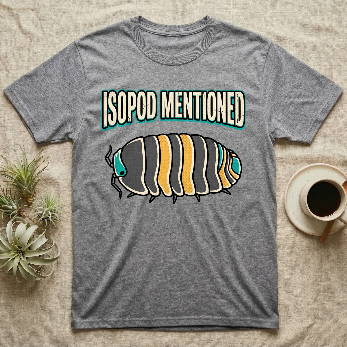 Isopod Mentioned T-Shirt in Sport Grey — Bold-vector illustration of a rubber-ducky Cubaris isopod hero under big block caps reading Isopod Mentioned.