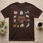 Glass Frog Frugal T-Shirt in Dark Chocolate — Cartoon glass frog on a leaf under the words Frugal except for one see-through frog, ringed by a piggy bank, coin jar, coupons and other thrifty things