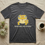 Dark grey t-shirt with a yellow gecko graphic that says "BRAIN CELL NOT FOUND".