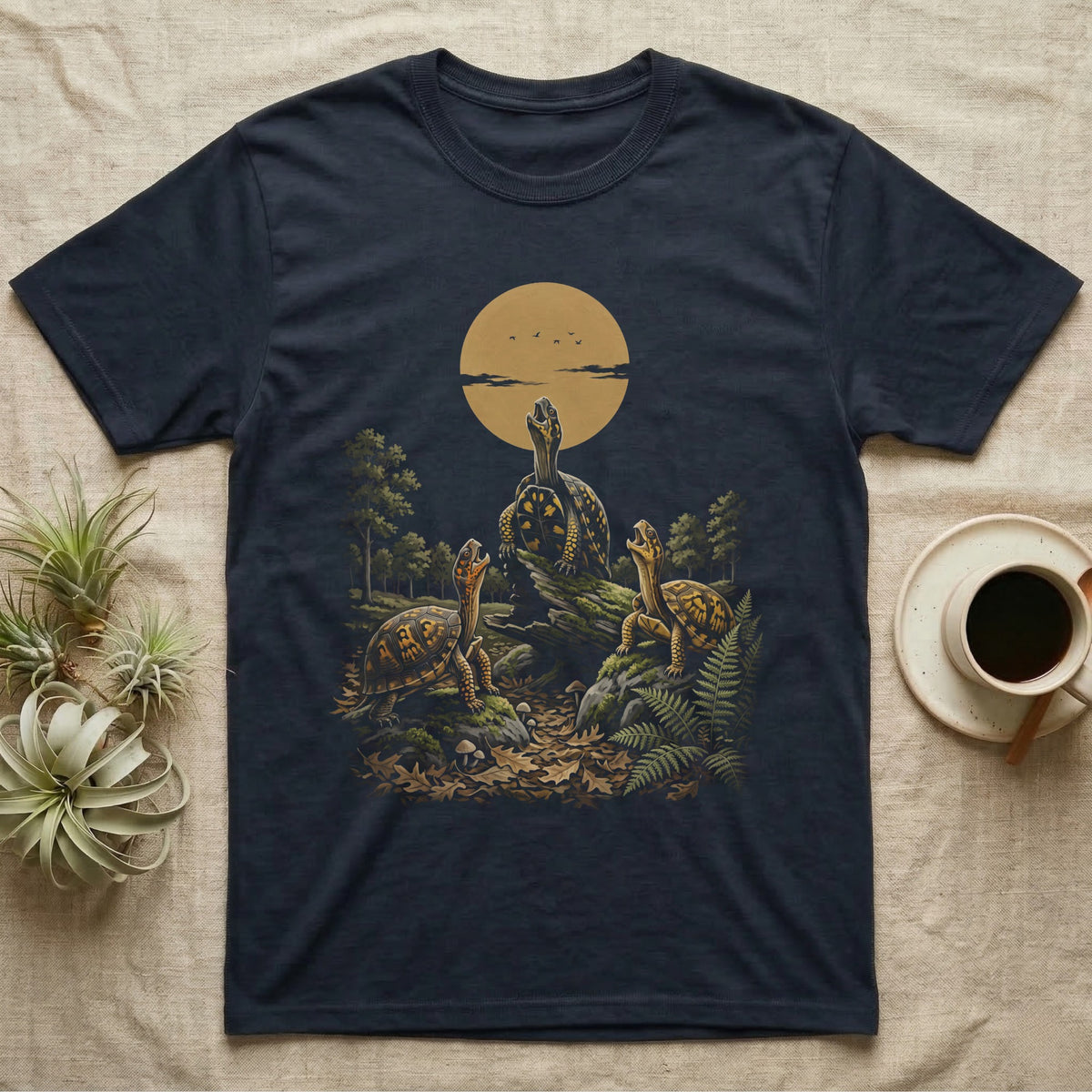 Box Turtle Pack T-Shirt in Navy — Painted 90s wildlife-style art of three eastern box turtles on a mossy log howling at a golden moon in an oak forest, on black