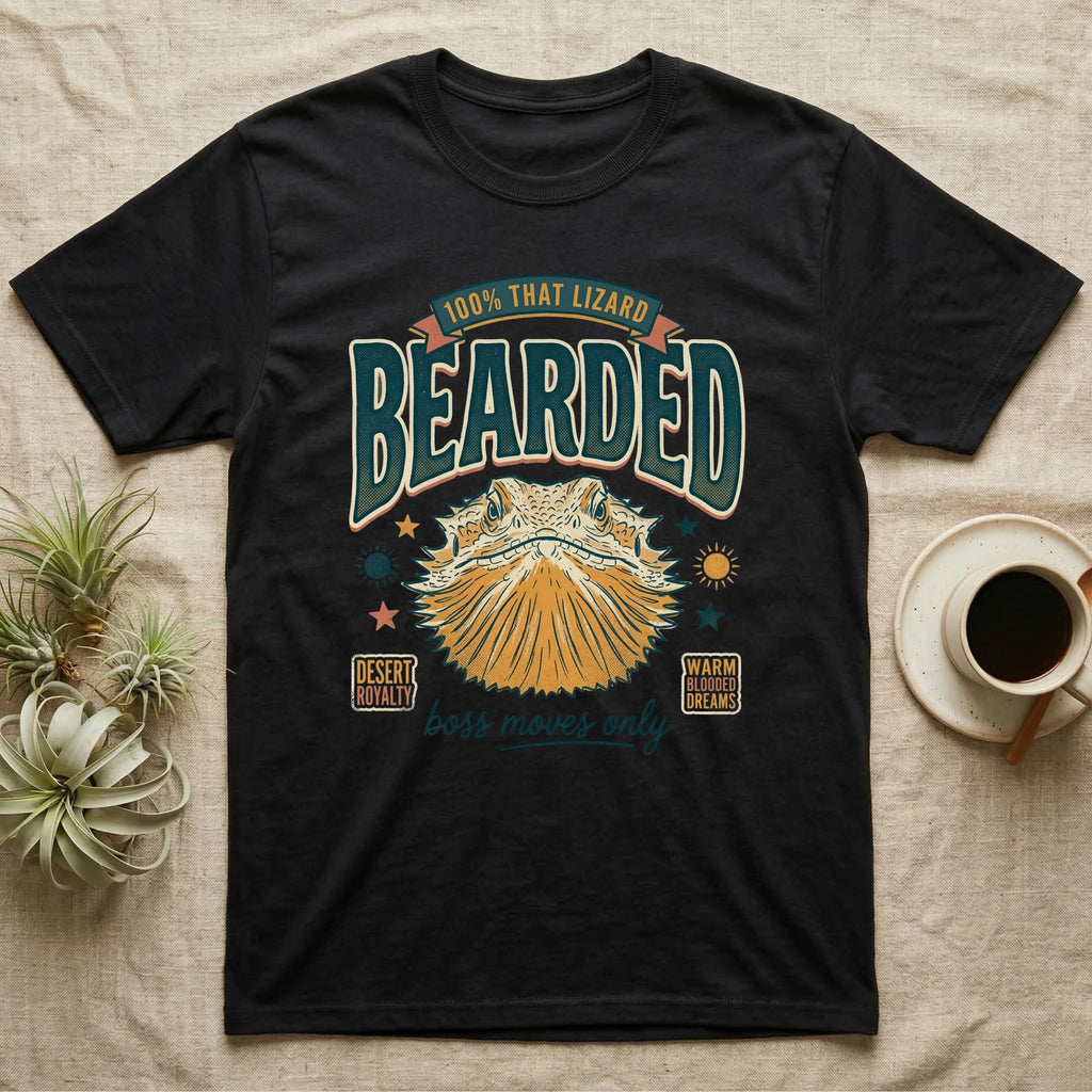 Black t-shirt with "Bearded" text and a stylized lizard illustration.