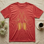 Vintage-engraving illustration of two mirrored Hercules beetles nose to nose with long curved thoracic horns, stippled ochre elytra, graphic-only, no text. — shown on a Heather Red tee.