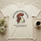 Cream t-shirt with vintage rooster graphic and "Backyard Flock Keeper" text.