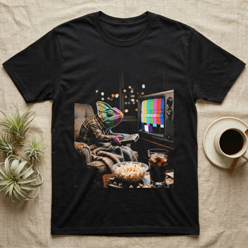 Veiled Chameleon TV Static T-Shirt in Black — Veiled chameleon slouched in an armchair with a remote, its head glowing in retro TV test-pattern colour bars.
