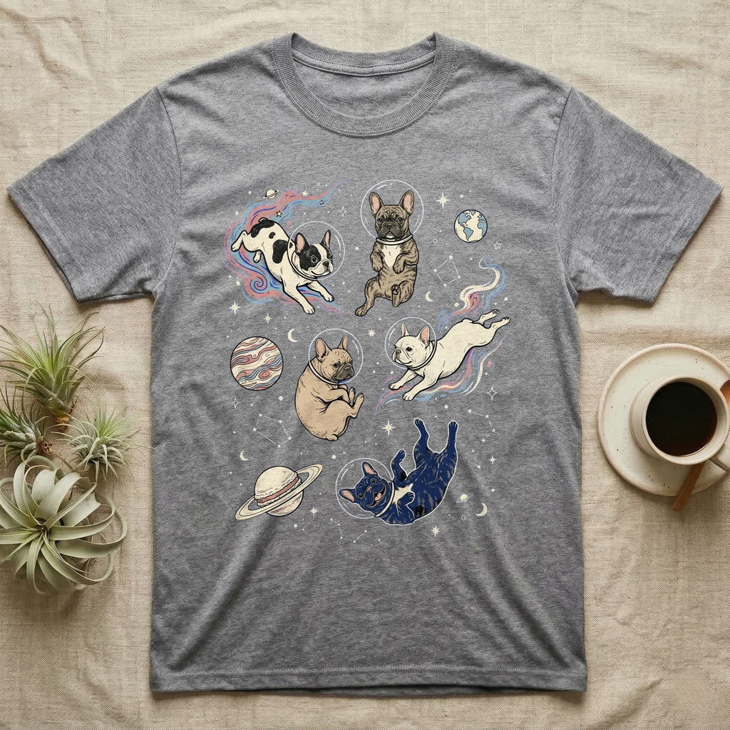 French bulldogs in astronaut suits floating through space with planets and stars.