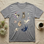 French bulldogs in astronaut suits floating through space with planets and stars.