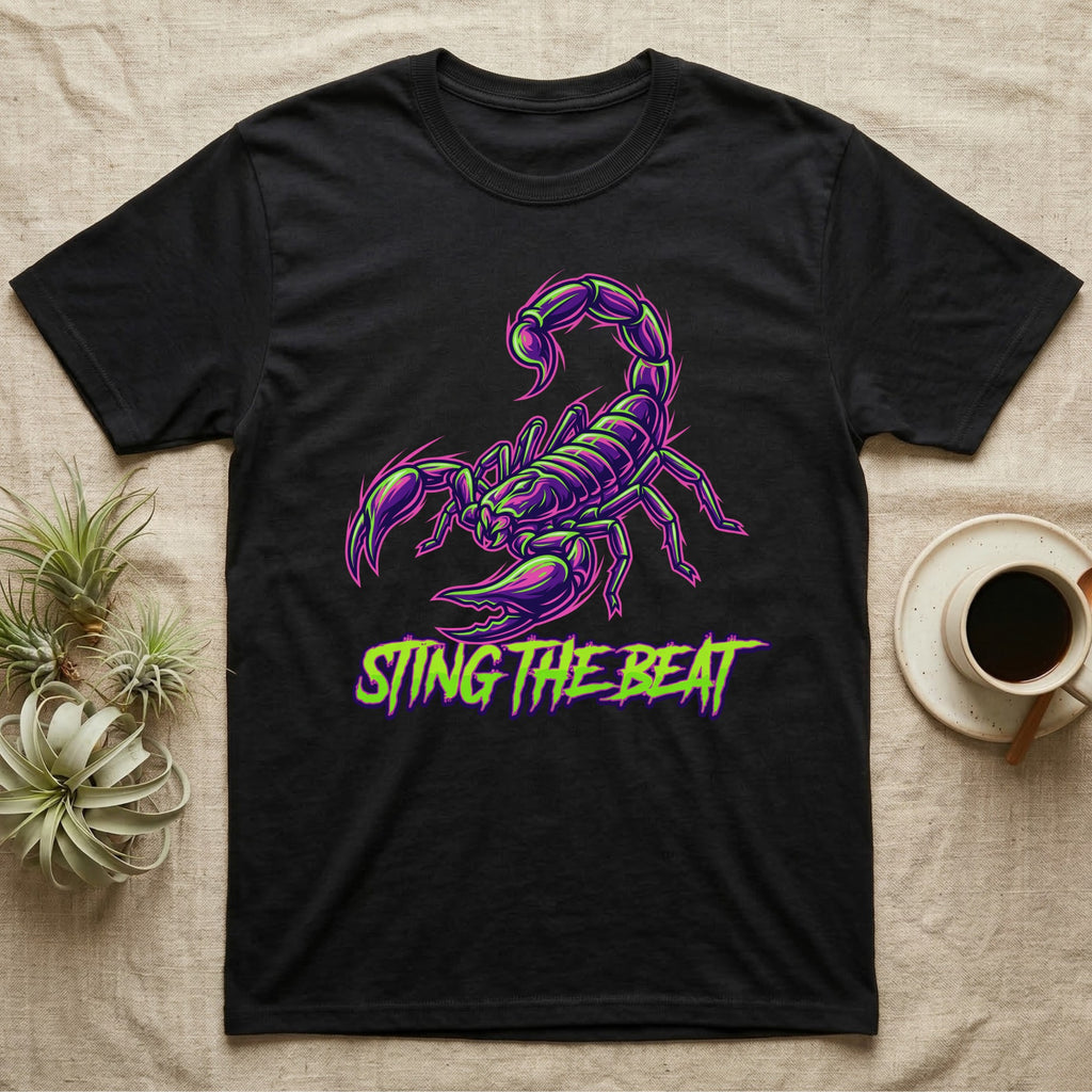 Black t-shirt with neon purple and green scorpion graphic and "STING THE BEAT" text.