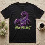 Black t-shirt with neon purple and green scorpion graphic and "STING THE BEAT" text.