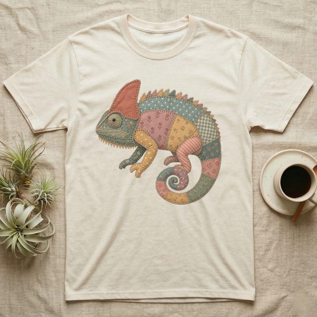 Cream t-shirt with a colorful patchwork chameleon graphic.