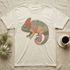 Cream t-shirt with a colorful patchwork chameleon graphic.