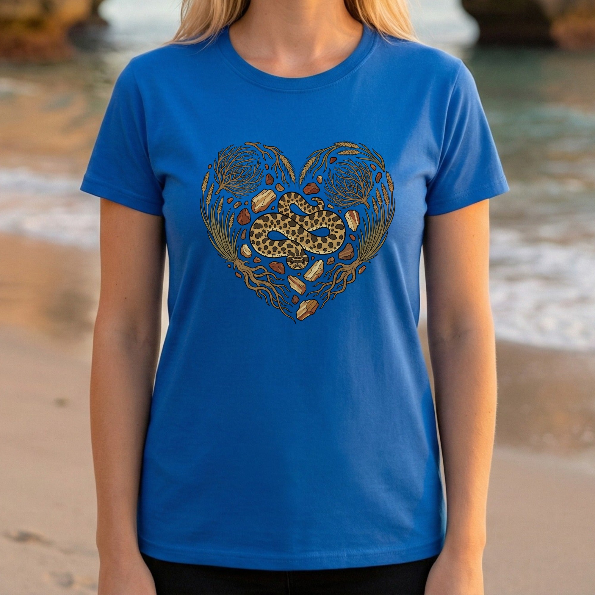 Heart-Shaped Leopard Snake Design Blue T-Shirt