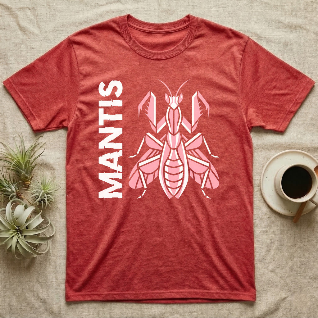 Red t-shirt with stylized pink praying mantis and "MANTIS" text.