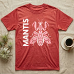 Red t-shirt with stylized pink praying mantis and "MANTIS" text.