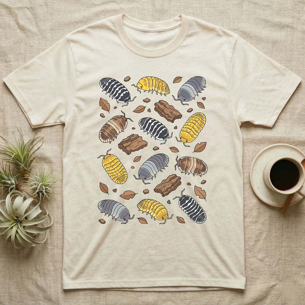 Cubaris Isopod Morphs T-Shirt in Natural — Vector illustration of scattered Cubaris isopod morphs including Panda King, Jupiter, Cappuccino and Zebra on grey.