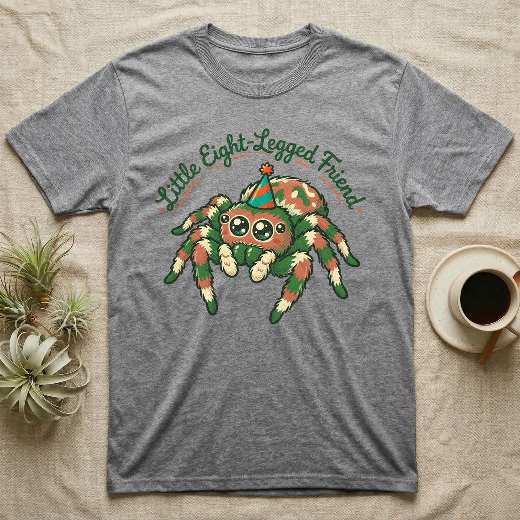Gray t-shirt with green and brown cartoon spider wearing party hat, text "Little Eight Legged Friend".