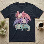 T-shirt with three stacked axolotls, pink, purple, and blue.