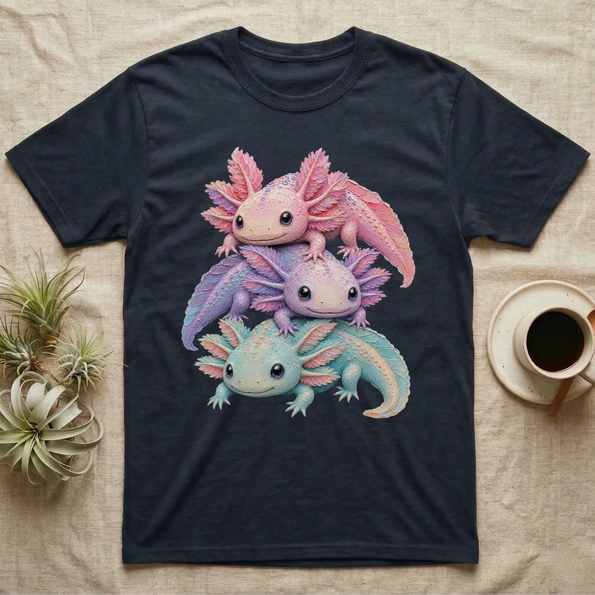 T-shirt with three stacked axolotls, pink, purple, and blue.