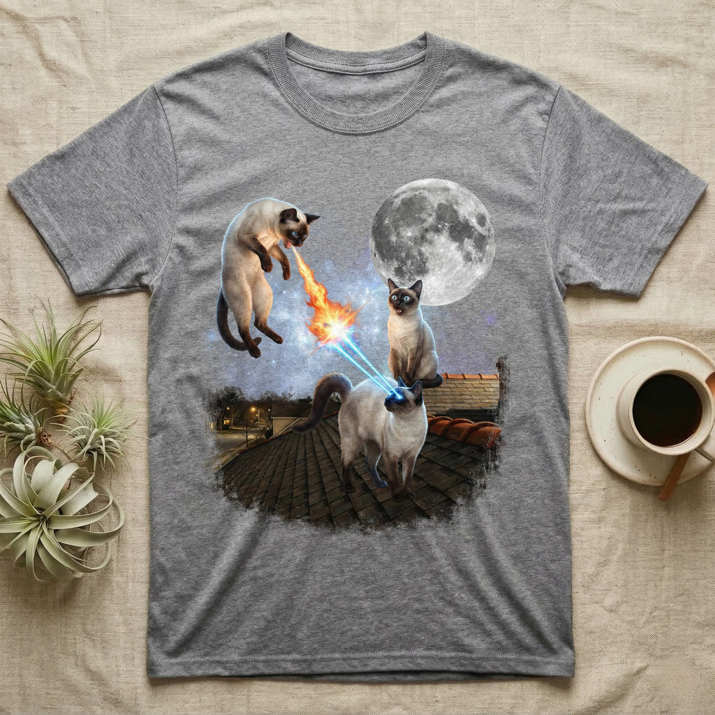 Three Siamese cats on a rooftop with a full moon and laser eyes.