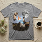 Three Siamese cats on a rooftop with a full moon and laser eyes.