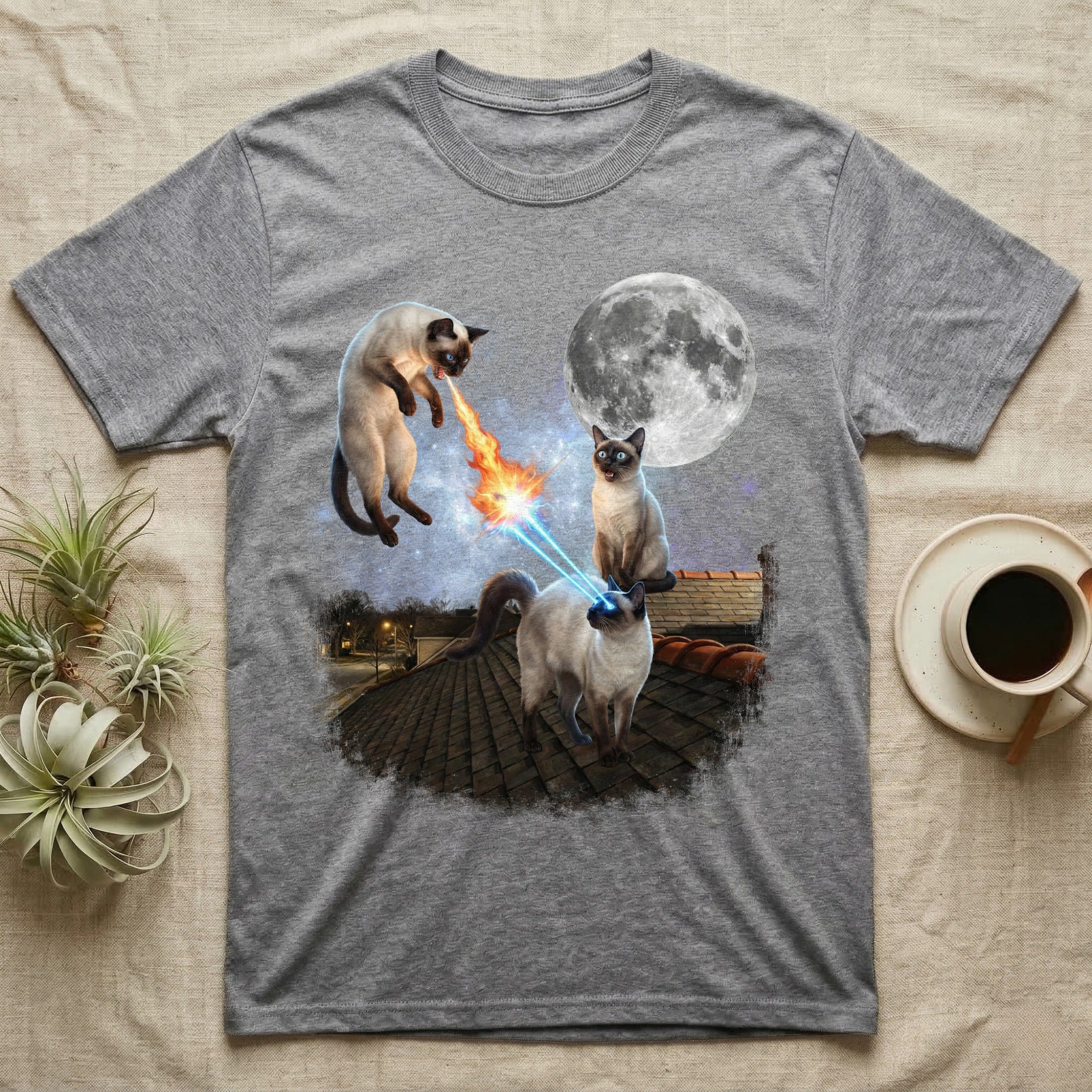 Three Siamese cats on a rooftop with a full moon and laser eyes.