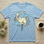 Light blue t-shirt with a Japanese moon rabbit and floral design.