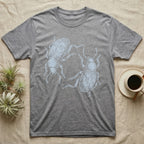Death-Feigning Beetle Roundel T-Shirt in Sport Grey — Two blue death-feigning beetles in pale blue brush line art, rotated 180 degrees into a circle closed by their own bodies.